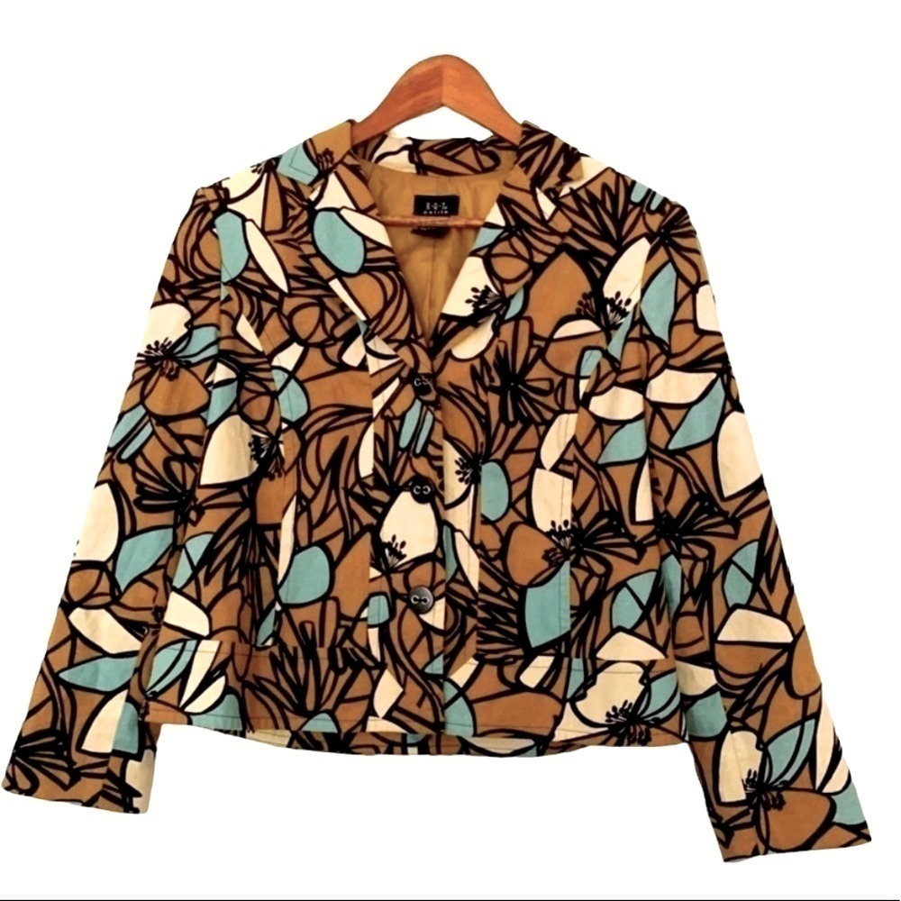 R.Q.T Linen Boxy Teal Cream Brown Graphic Cropped Lightweight Blazer Sz 12P